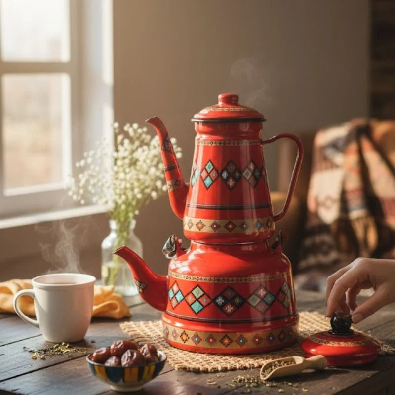 OttomanTea™ – Service à Thé Turc Traditionnel en Émail (Double Bouilloire)