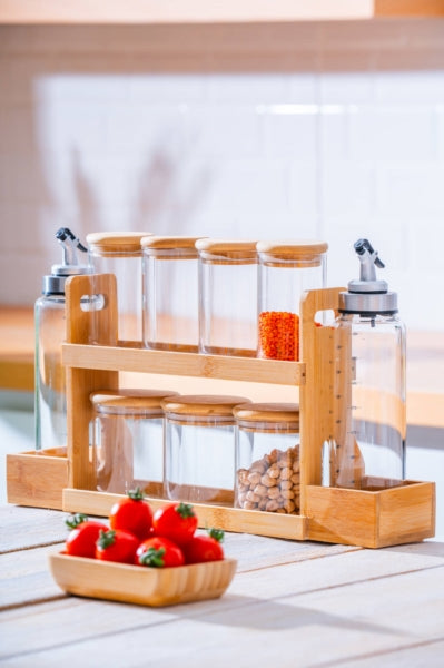 Set Distributeur Huile & Vinaigre avec Pots de Rangement en Verre et Support Bambou