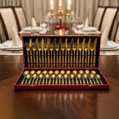 Ménagère de 48 Pièces en Couverts Dorés de Luxe avec Coffret Élégant