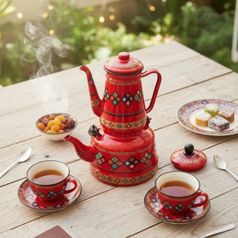 OttomanTea™ – Service à Thé Turc Traditionnel en Émail (Double Bouilloire)