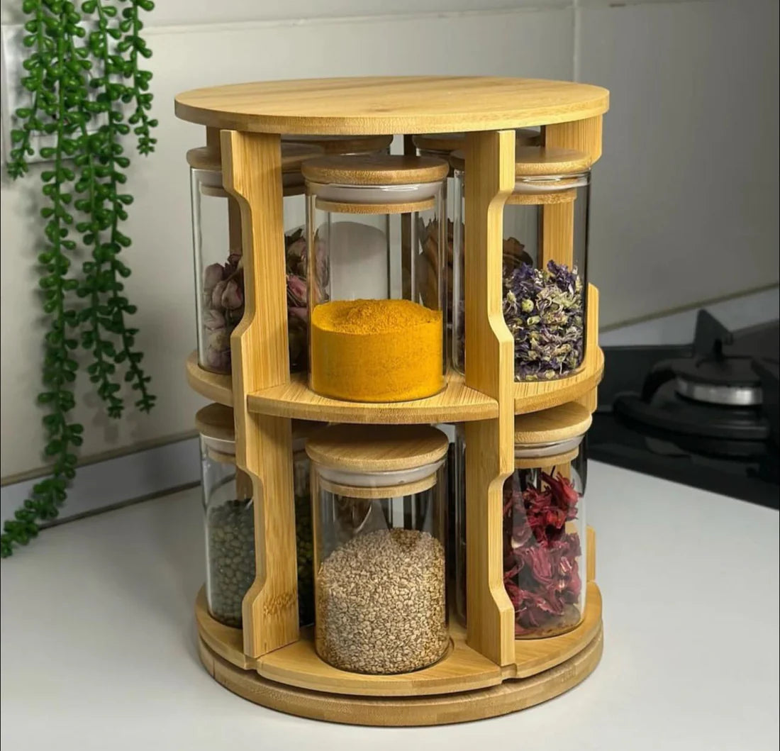 Ensemble de 10 Bocaux en Verre avec Support Rotatif en Bambou