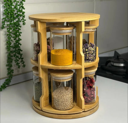 Ensemble de 10 Bocaux en Verre avec Support Rotatif en Bambou