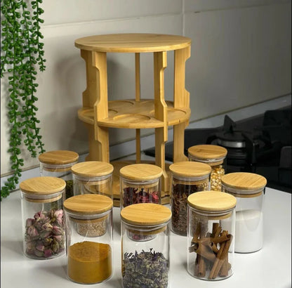 Ensemble de 10 Bocaux en Verre avec Support Rotatif en Bambou