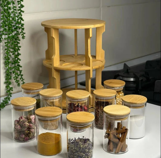 Ensemble de 10 Bocaux en Verre avec Support Rotatif en Bambou