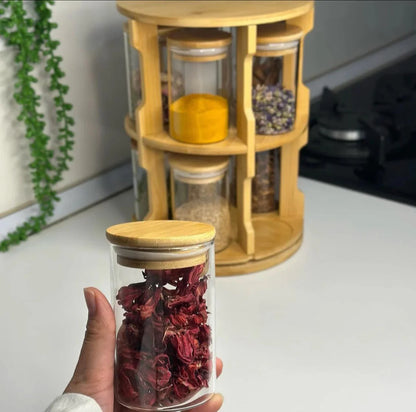 Ensemble de 10 Bocaux en Verre avec Support Rotatif en Bambou