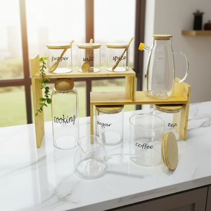 Ensemble de bocaux en verre avec support en bambou