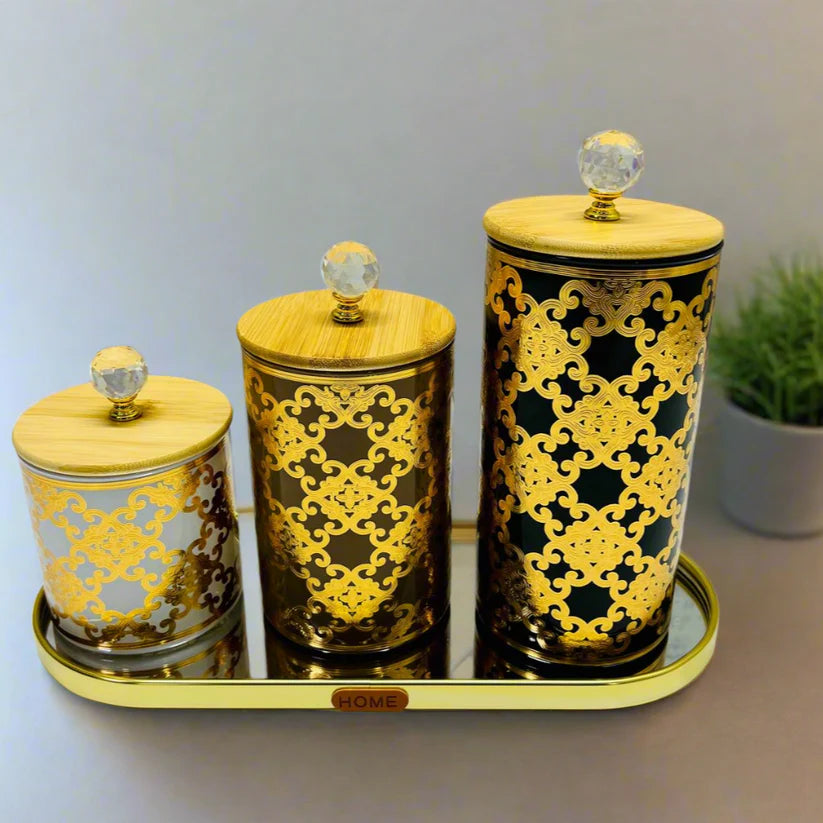 Ensemble de pots décoratifs avec couvercles en bambou et plateau doré