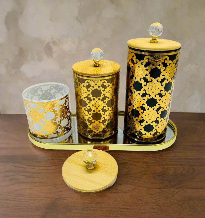 Ensemble de pots décoratifs avec couvercles en bambou et plateau doré