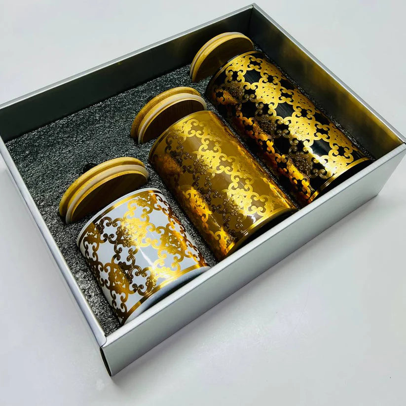 Ensemble de pots décoratifs avec couvercles en bambou et plateau doré