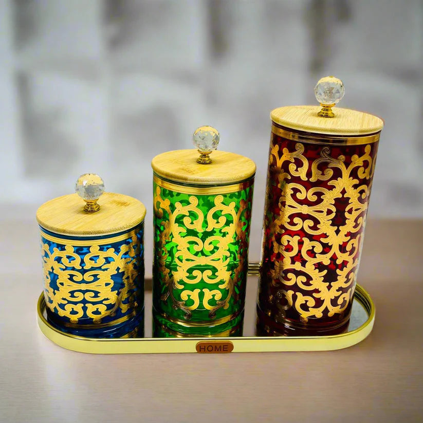 Ensemble de pots décoratifs avec couvercles en bambou et plateau doré