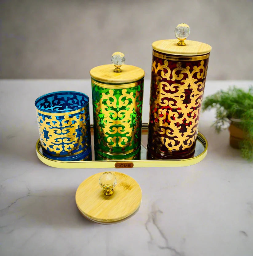 Ensemble de pots décoratifs avec couvercles en bambou et plateau doré