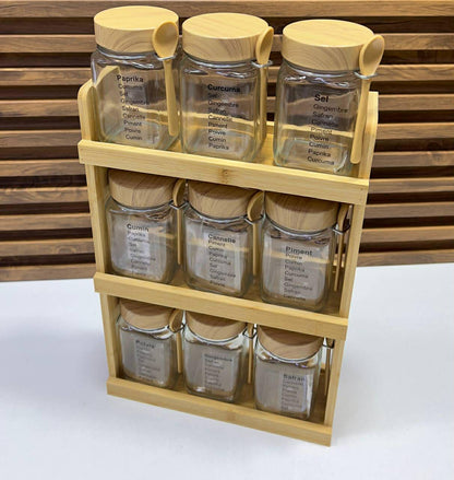 Set de Pots à Épices en Verre avec Support Bambou et Cuillères