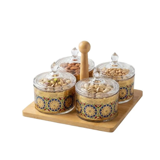 Ensemble de 4 Pots Épices & Condiments en Verre avec Plateau en Bois