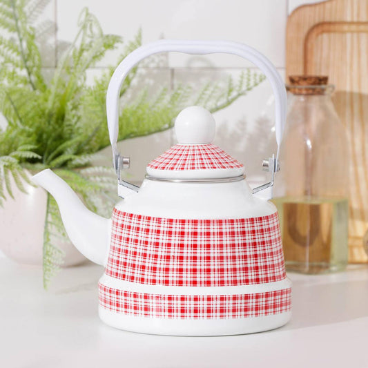 Bouilloire Émaillée Rétro à Carreaux Rouges – Élégance & Performance