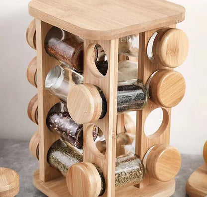 Support d'Assaisonnement Rotatif en Bois de Bambou