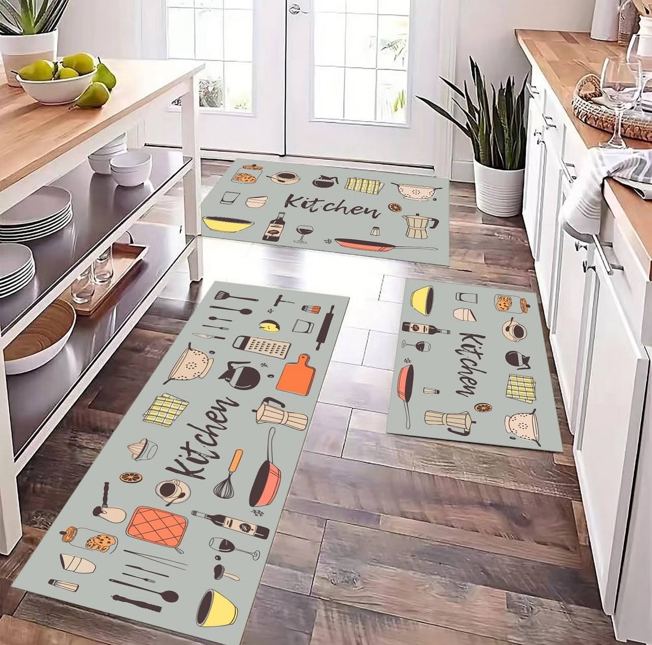 Ensemble de 2 Tapis de Cuisine Imprimés en 3D – Tapis Confortables et Antidérapants