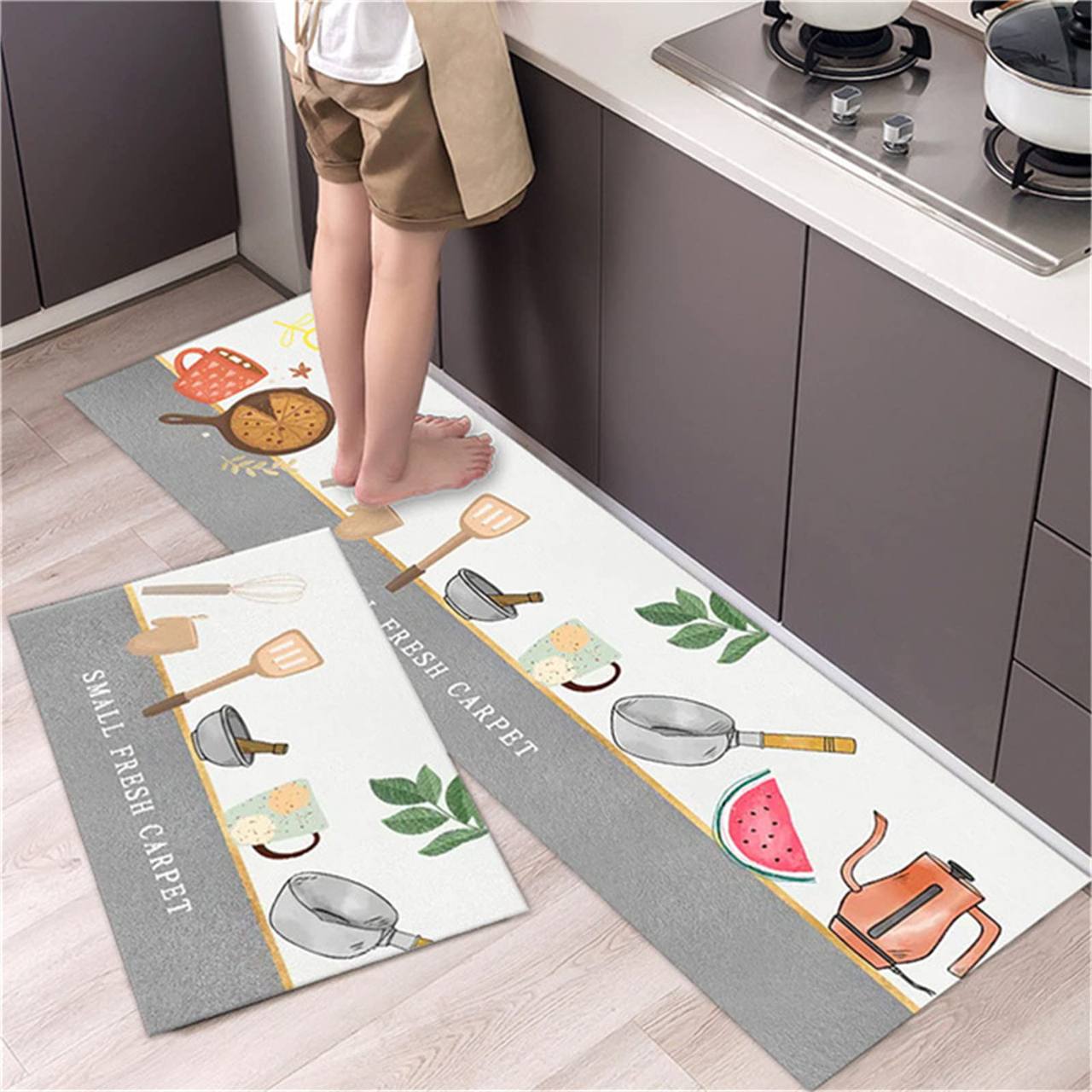 Ensemble de 2 Tapis de Cuisine Imprimés en 3D – Tapis Confortables et Antidérapants