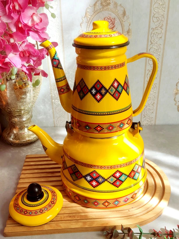 OttomanTea™ – Service à Thé Turc Traditionnel en Émail (Double Bouilloire)