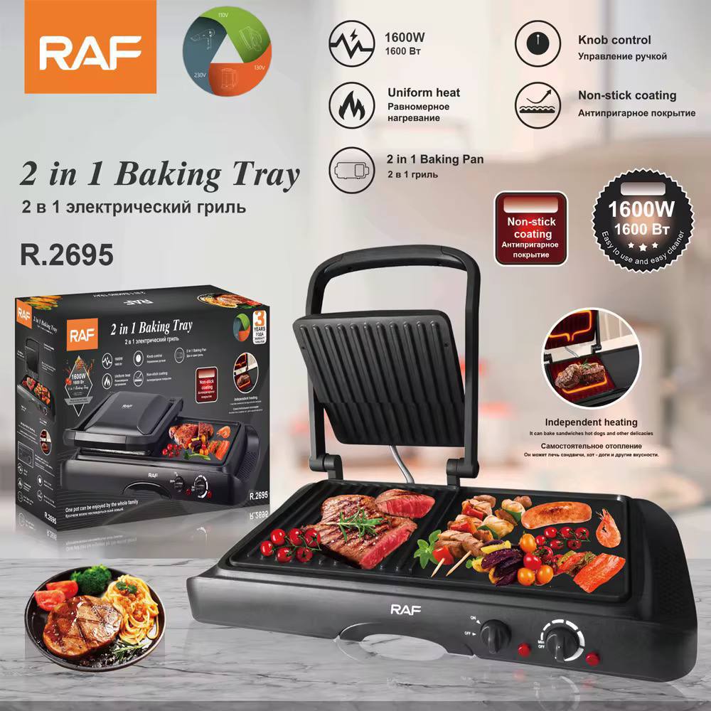 Liora-RAF Household Nouveau Multifonctionnel Anti-Adhésif Panini Grill Maker 1600W 2 en 1 Plaque de Cuisson