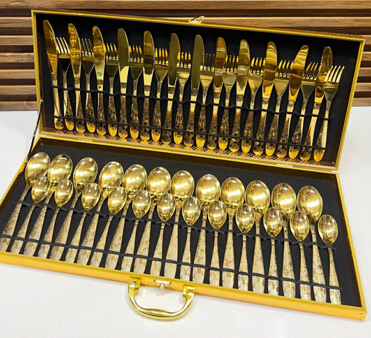 Ménagère de 48 Pièces en Couverts Dorés de Luxe avec Coffret Élégant