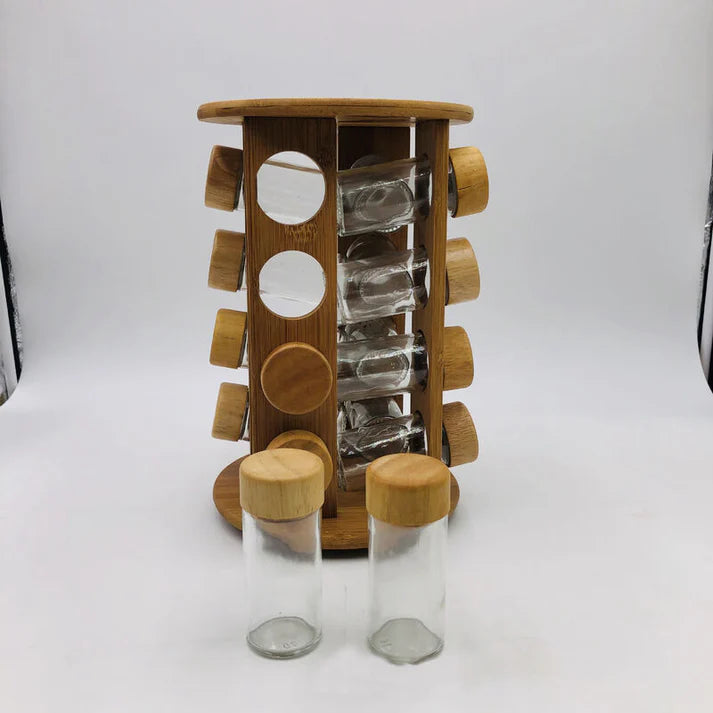 Support d'Assaisonnement Rotatif en Bois de Bambou